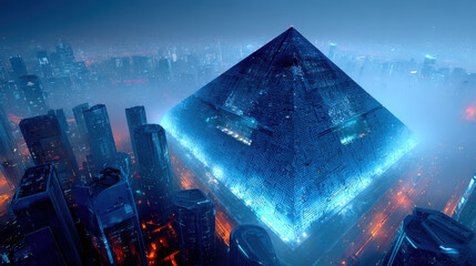Futuristic pyramid glowing with blue light in cityscape at night showing data and monopoly concepts in digital world