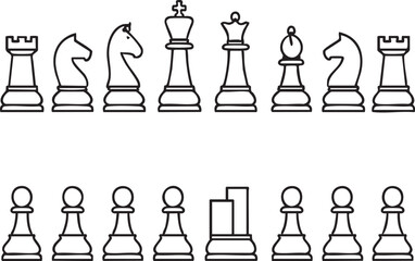 Chess piece lineup with traditional and one unique pawn replacement in black vector for strategy, metaphor, and game design themes