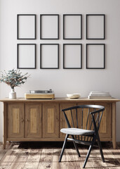 Mock up frame in cozy interior with retro furniture and dry bouquet, 3d render