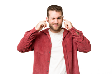 Young handsome blonde man over isolated chroma key background frustrated and covering ears