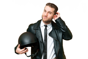 Business man with a motorcycle helmet over isolated chroma key background having doubts