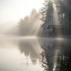 Fototapeta premium Illustration of idyllic morning scene of a boathouse on a calm lake with sun rays shining through the misty forest