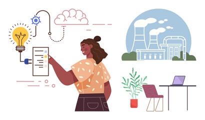 Woman interacts with digital interface showing innovative ideas, gears, and cloud elements. Includes factory emissions and clean office space. Ideal for sustainability, innovation, teamwork