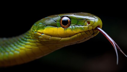 A striking close-up captures the intense gaze of a green snake, its forked tongue extended, showcasing intricate scale patterns and vibrant coloration against a dark backdrop.