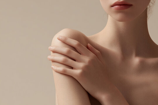 Bare shoulder soft skin gentle touch feminine hand natural beauty smooth texture delicate pose minimal background healthy appearance serene mood - Powered by Adobe