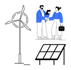 Wind turbine and solar panel representing clean energy. Two professionals shake hands, discuss sustainable projects. Ideal for teamwork, energy, sustainability, innovation, technology, environment