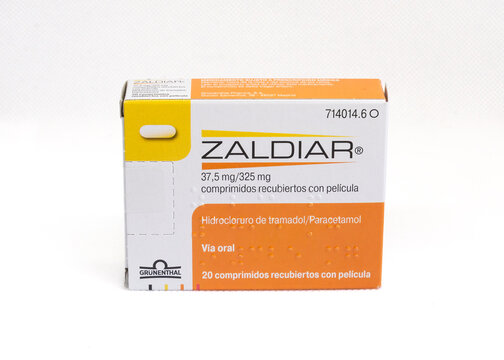 Barcelona, Spain - September 6, 2025: Spanish packaging of the Gr&uuml;nenthal medicine Zaldiar, containing tramadol and paracetamol, on white background.