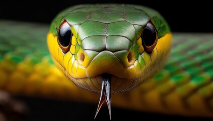 A striking close-up captures the intense gaze of a green snake, its forked tongue extended, showcasing intricate scale patterns and vibrant coloration against a dark backdrop.