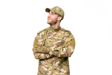 Military man over isolated chroma key background happy and smiling