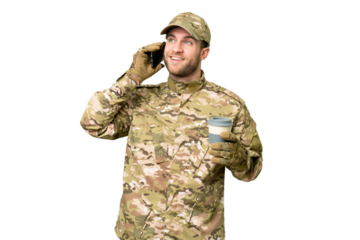 Military man over isolated chroma key background holding coffee to take away and a mobile
