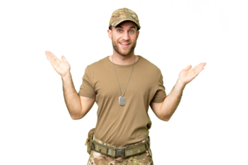 Military with dog tag over isolated chroma key background with shocked facial expression