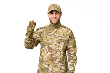 Military man over isolated chroma key background happy and counting three with fingers