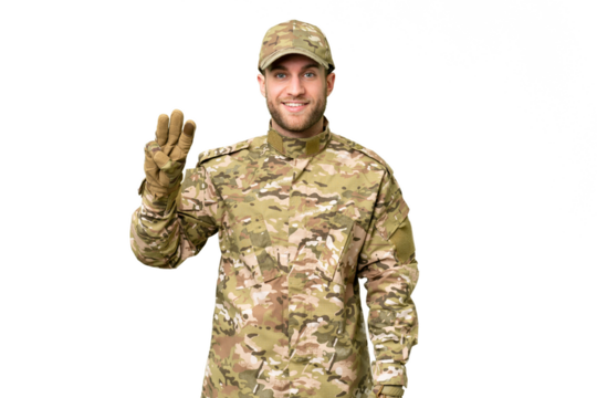 Military man over isolated chroma key background happy and counting three with fingers