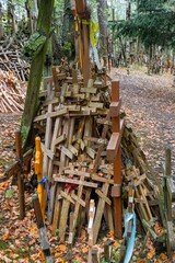 Wooden crosses left by pilgrims on the holy mountain of the Orthodox, Mount Garbarka in eastern Poland. Grabarka, Poland.