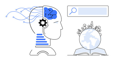 Human profile with AI brain, neural connections, globe atop open book, and search bar. Ideal for innovation, AI, education, global knowledge, technology research and simple landing page