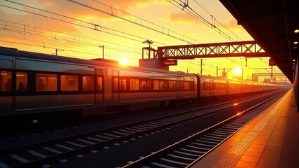 Naklejka premium Train station platform at sunset with warm golden light illuminating the tracks and train