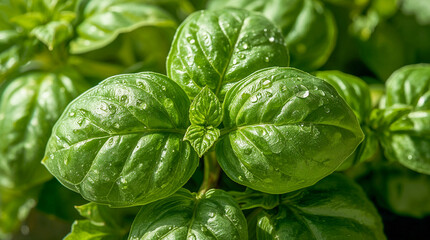 Close-up of vibrant green basil leaves glistening with water droplets, highlighting their fresh texture and natural beauty. A perfect shot for culinary and botanical themes.