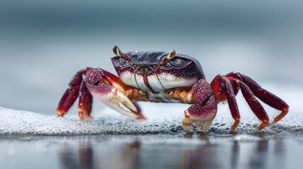 Close-up of Red Crab Walking on Wet Shoreline with Ocean Foam and Soft Background