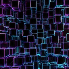Abstract Futuristic 3D Cubes with Neon Glow on Black Background