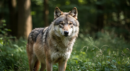 Obraz premium Majestic Grey Wolf Stands Alert In Sunlit Forest Clearing