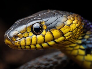 A striking close-up captures the intricate detail of a snake's head, showcasing its textured scales and intense gaze, evoking a sense of primal beauty and natural wonder.