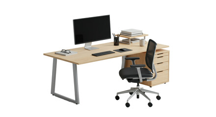 Modern light wood and gray ergonomic office desk setup, black chair, monitor, keyboard, and mouse, impeccably arranged in a bright, shadowless studio. Concept of modern office design and efficiency