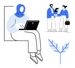 Woman with laptop working remotely, two professionals shaking hands, and abstract leaf graphic. Ideal for collaboration, diversity, remote work, productivity, networking, education modern business