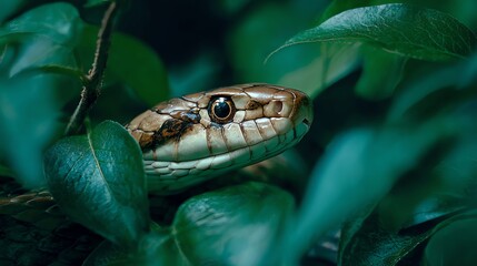 Obraz premium A brown snake with intricate scale patterns rests amongst lush green foliage, its focused gaze creating a sense of quiet intensity and natural beauty, captured in a detailed close-up.