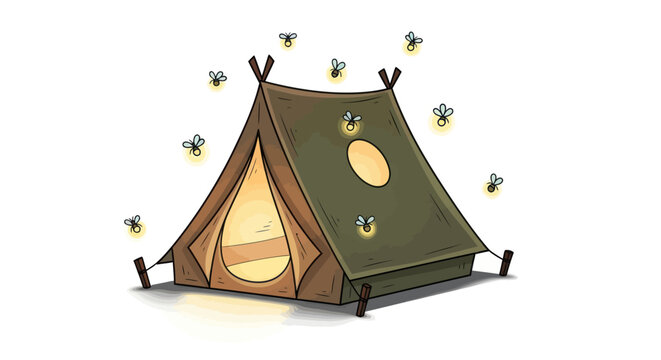 Cozy canvas tent illuminated by fireflies on a clear night.