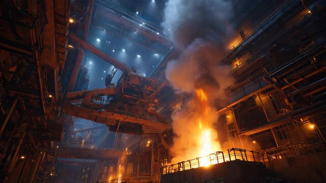 重厚な製鋼工場の溶融鉄と炎