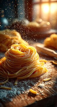 Fresh pasta nestles on a wooden board, flour dusted