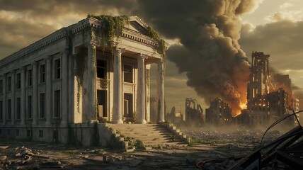 Ancient classical architecture ruins and fire in a post apocalyptic deserted world showing the impact of destruction and ecological imbalance.