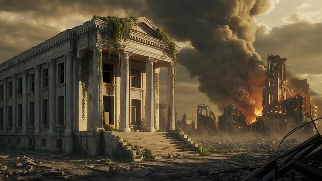 Ancient classical architecture ruins and fire in a post apocalyptic deserted world showing the impact of destruction and ecological imbalance.