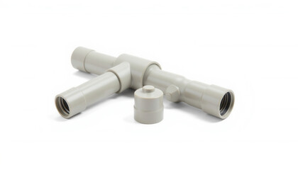 Gray plastic plumbing connector with three outlets on white background  