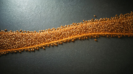 A diagonal line of wheat grains flows across a textured, dark grey surface, catching the light and casting a subtle shadow.