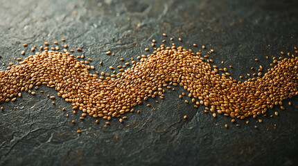 A wavy line of golden-brown grains is spread across a textured dark grey surface. The grains are small and oval-shaped, with a light sheen.