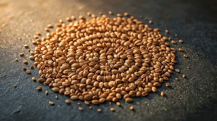 A pile of dried grains, possibly wheat or barley, arranged in a circular pattern on a textured, dark surface, illuminated by warm, natural light.