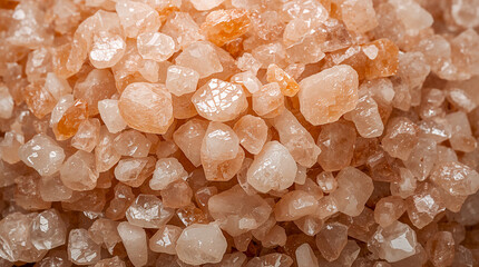 Close-up view of rough-cut pink Himalayan salt crystals, showcasing their translucent, irregular shapes and warm, peachy hues in a tightly packed arrangement.