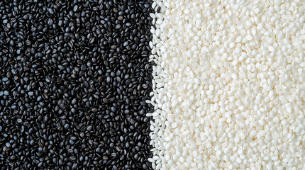 A striking visual contrast: half the frame is filled with dark, glistening black seeds, and the other half with bright, creamy white seeds, forming a sharp diagonal division.