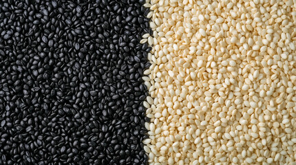 A stark contrast of black and white sesame seeds fill the frame, creating a visually striking texture and pattern. The division is sharp, highlighting the unique color of each.