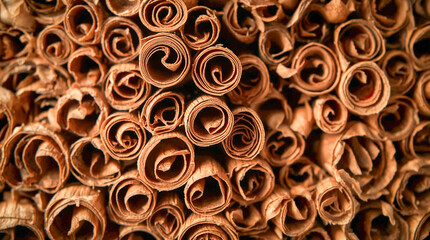 A tight, high-angle shot of tightly packed cinnamon sticks, creating a warm, textural background. The rolls vary in shade and curl.