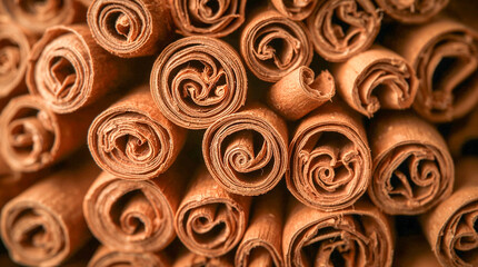 Close-up macro shot of rolled cinnamon sticks, showcasing their textured surface and intricate spiral patterns. A warm, natural aesthetic.