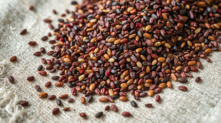 A pile of small, oval-shaped seeds in varying shades of red and brown rests on a textured linen cloth, creating a rich, organic display.