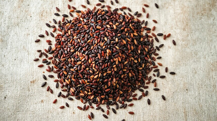 A pile of black rice, also known as forbidden rice, scattered on a textured burlap surface. The grains have a deep, dark hue with some reddish-brown undertones.