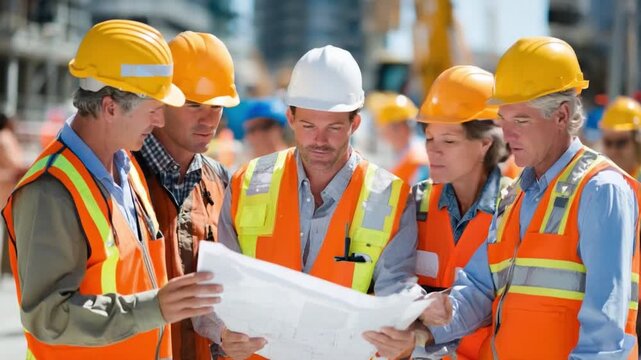 Blueprint Discussions: A diverse group of construction workers, dressed in protective gear, huddle together. Focused and engaged, they review blueprints, ready to turn plans into tangible reality.
