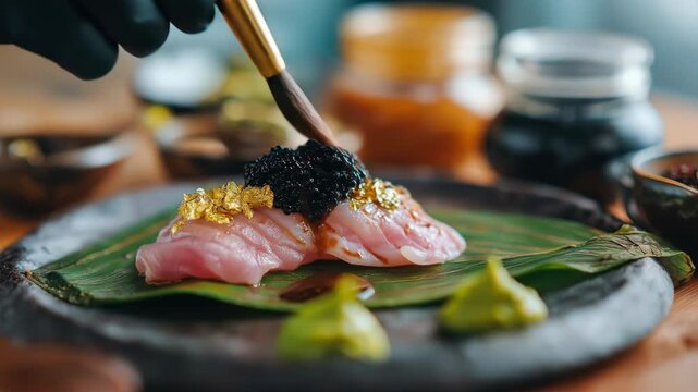A luxury sushi with gold leaf, caviar, and raw fish banana leaf, gourmet wasabi, fine dining, elegant japanese cuisine, exclusive seafood delicacy, luxury restaurant, artistic plating, culinary
