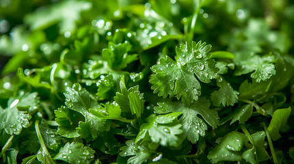 Close-up macro shot of fresh green cilantro leaves with water droplets glistening on them. The shallow depth of field blurs the background.