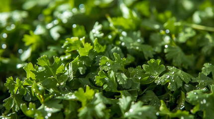 Fresh, vibrant green cilantro leaves glistening with dew drops, bathed in soft, natural sunlight. A close-up shot showcasing the intricate details of the herb.