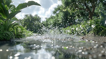 Fototapeta premium Serene rainforest scene with soft, diffused lighting and a calming atmosphere of gentle rain