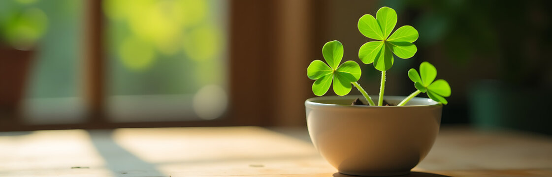 lush clover sprouts delicate ceramic pot set warm wood table soft diffused natural light pouring